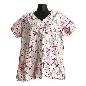 Dickies Womens Scrub Top Small V Neck Breast Cancer Awareness Ribbons White